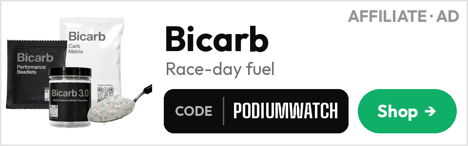 Bicarb race-day fuel. Use code PODIUMWATCH. Affiliate ad.
